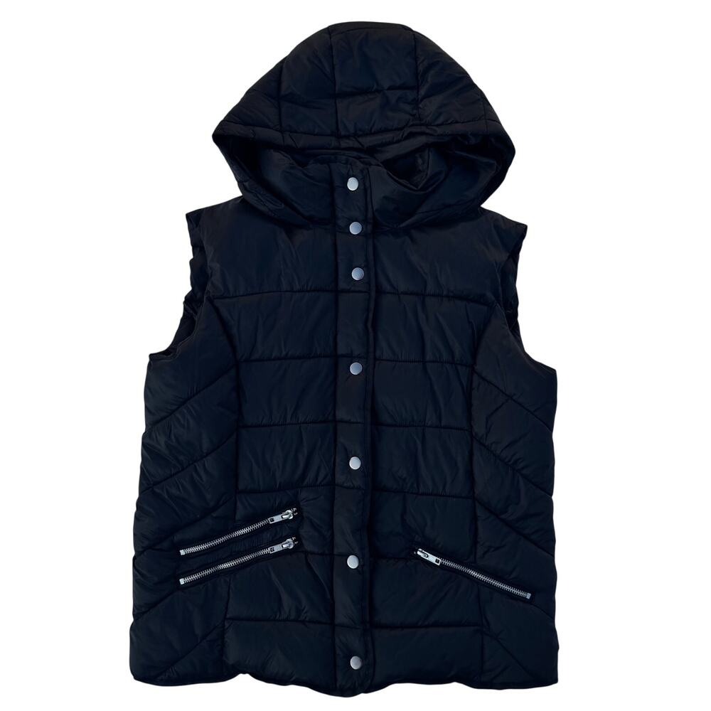 Black Puffer Vest Hooded Women's Small Quilted Zip Gorpcore Utility Edgy Grunge